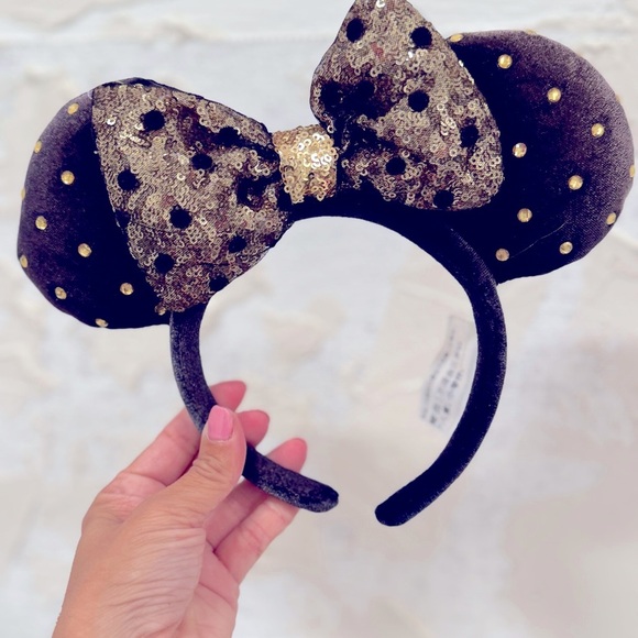 Disney Minnie Mouse Walt Disney World Accessories - Disney Parks Black Jeweled Studded Gold Minnie Mouse Plush Ear Headband